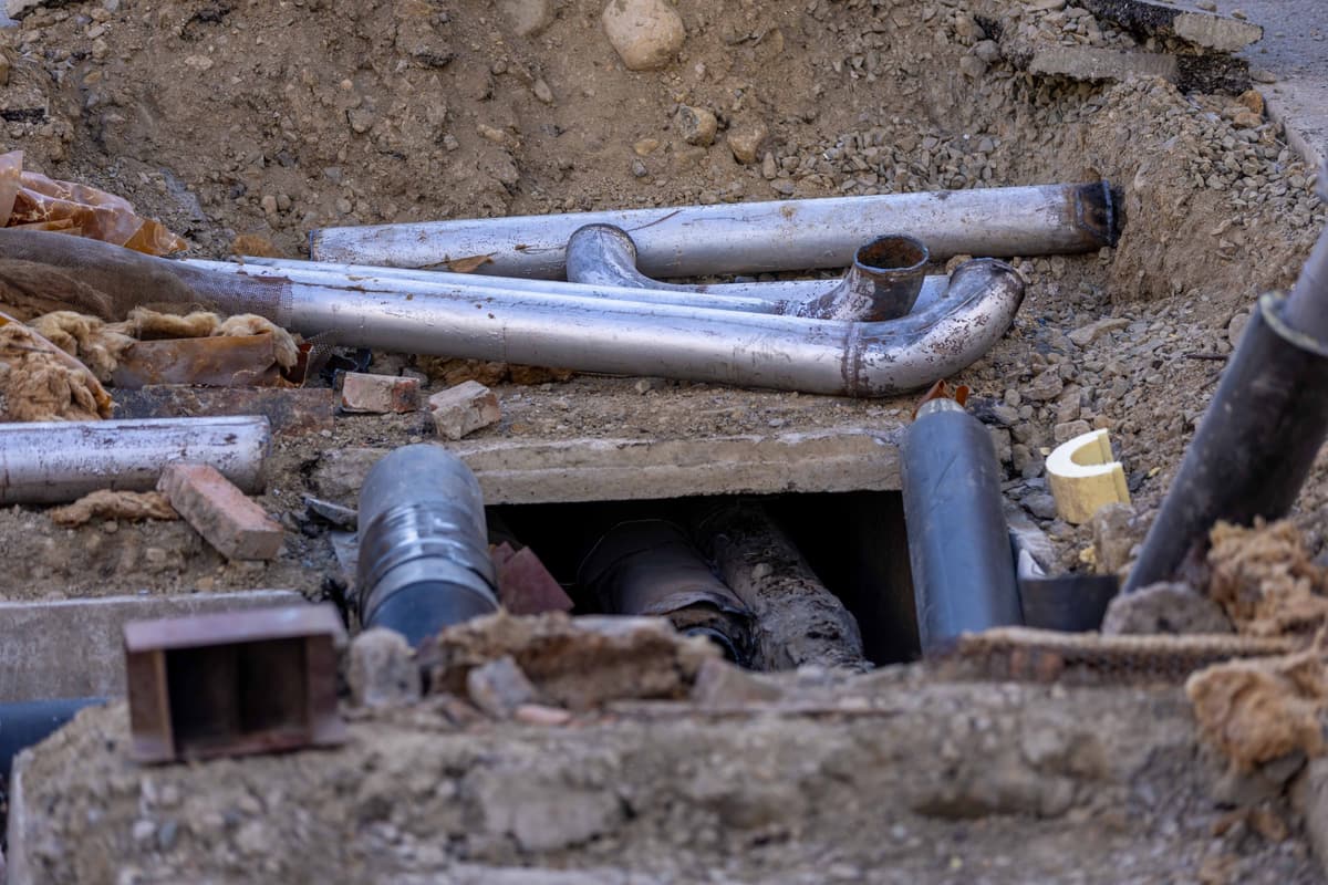 Underground utility pipes exposed in a trench